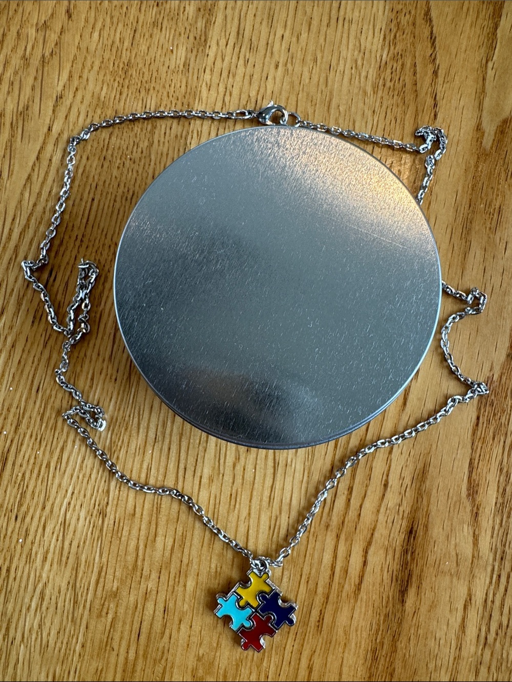 Silver Autism Puzzle Piece Pendant Necklace with Multicolor Enamel Charm